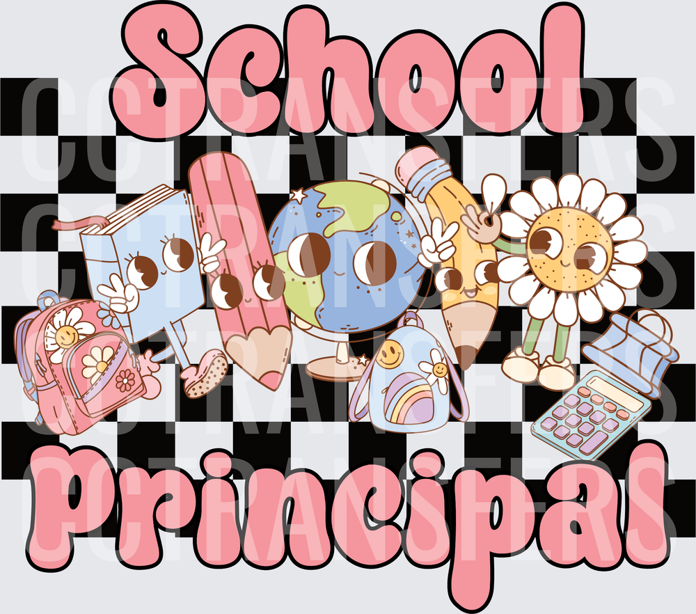 School Principal Retro Groovy Checkered Cute Characters (DTF)