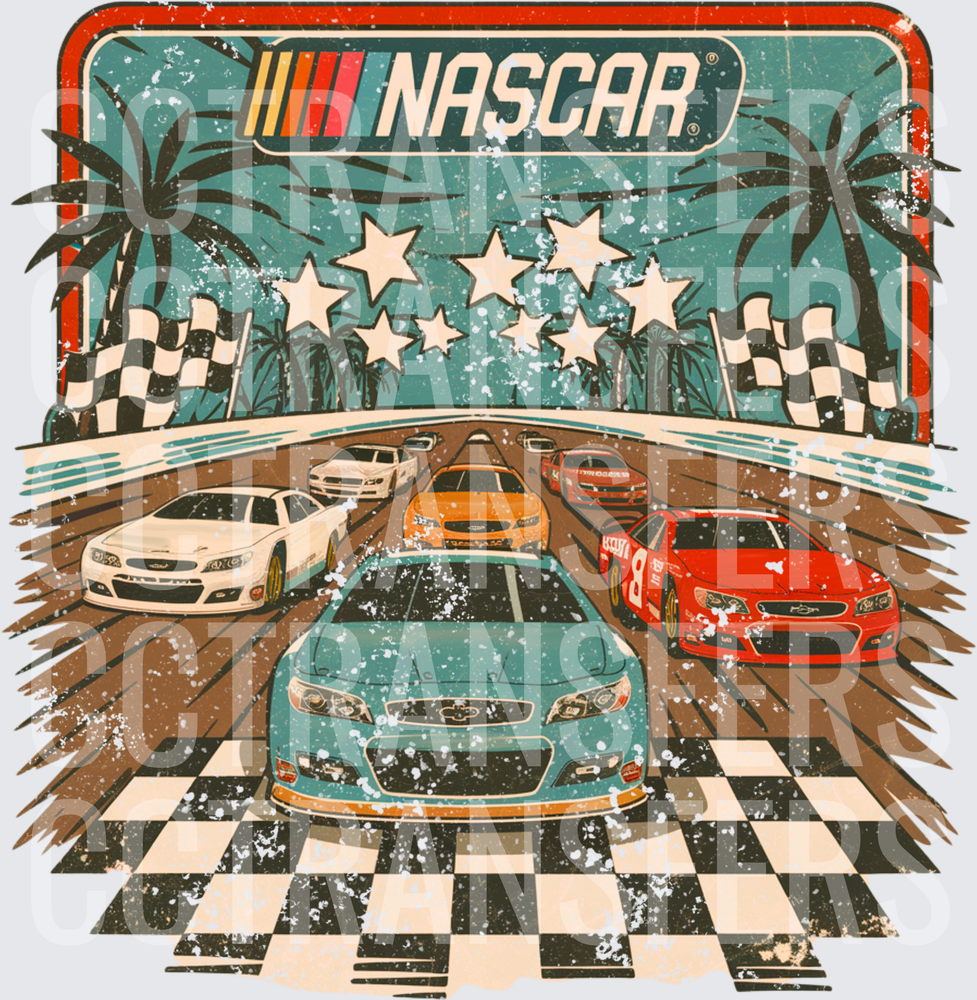 Vintage Stock Car Racing Checkered Flag Palm Tree Scene (DTF)