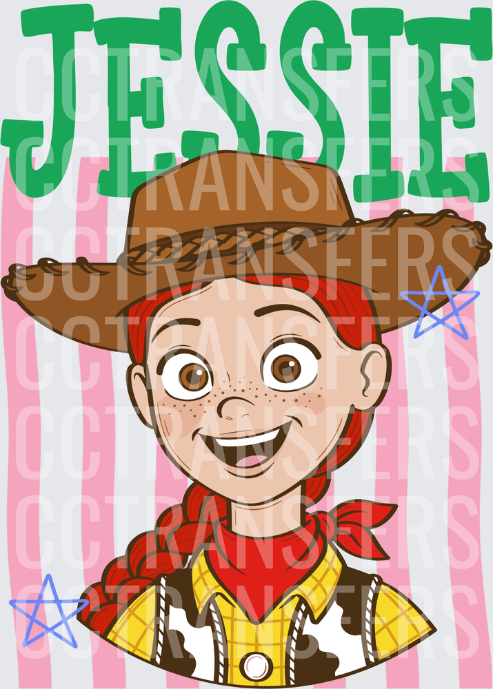 Jessie Cowgirl Cartoon Braids Freckles Pink Stripes (DTF)