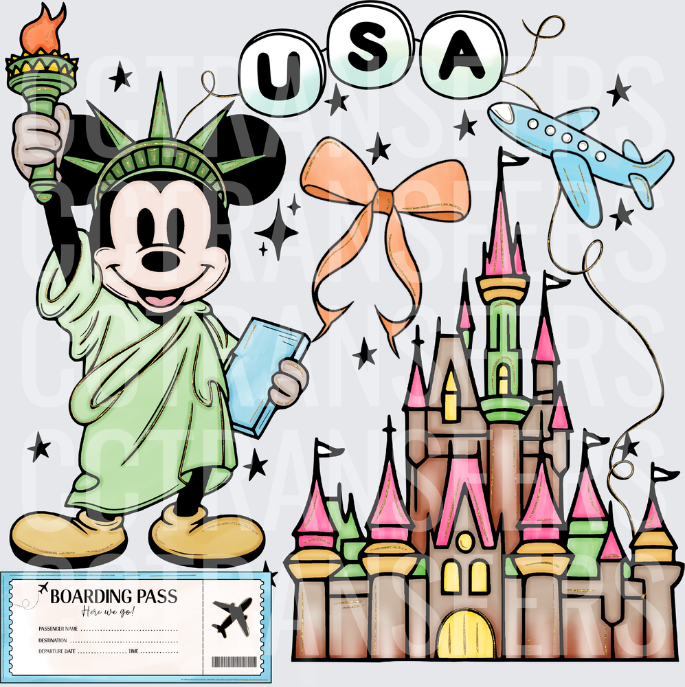 USA Cartoon Mouse Statue of Liberty Castle Boarding Pass DTF