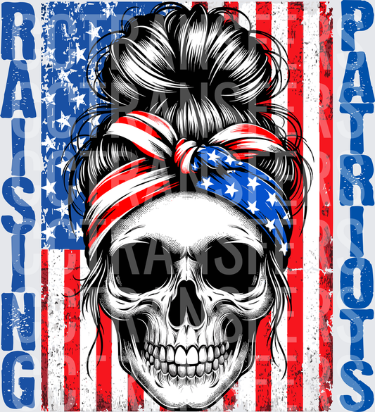 Raising Patriots Skull Messy Bun American Flag (DTF)