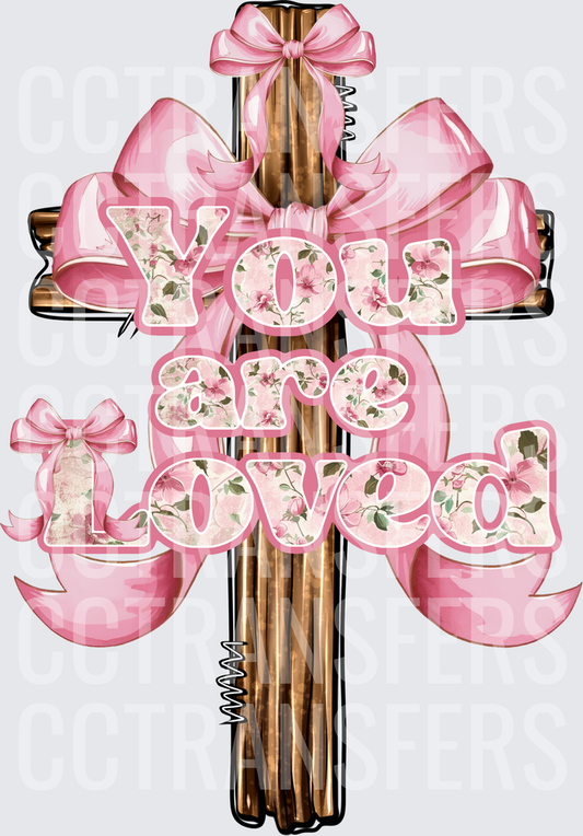 You Are Loved Floral Cross Pink Bow (DTF)