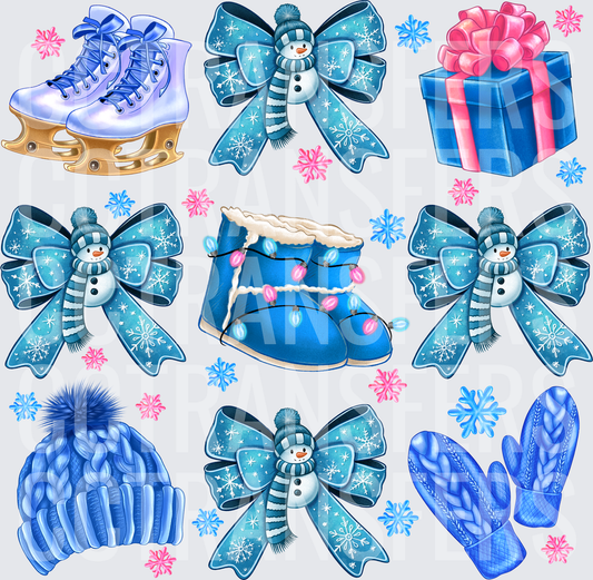 Blue Winter Christmas Bundle Snowman Bows Ice Skates (DTF)