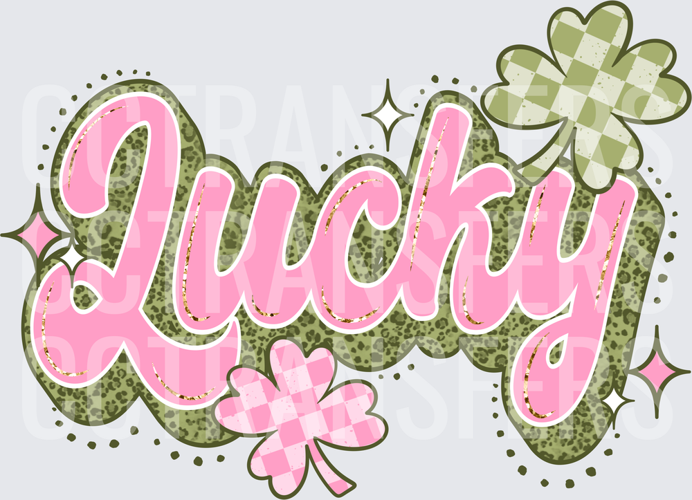 Lucky Pink Script Green Leopard Checkered Clovers (DTF)