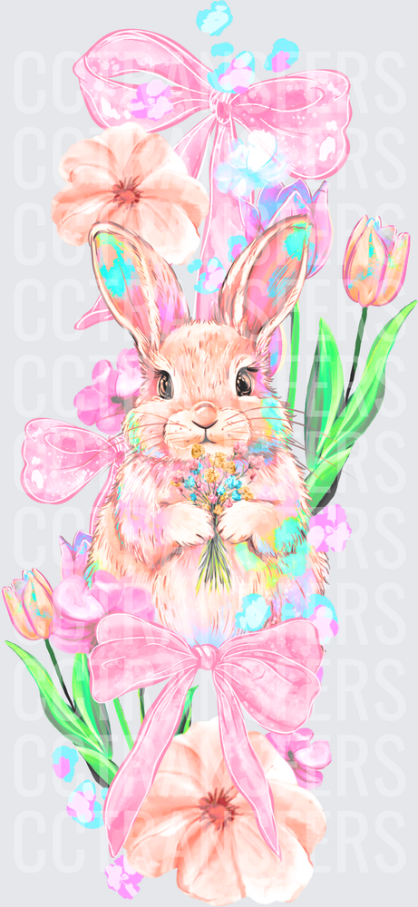Cottontail Bunny Spring Flowers Pink Bows Tulips (DTF)