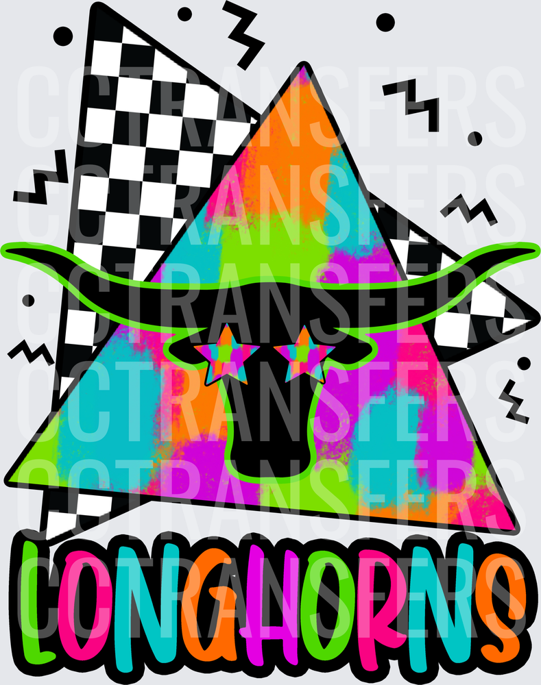 Longhorns Neon Tie-Dye Bull Skull Checkered Flag (DTF)