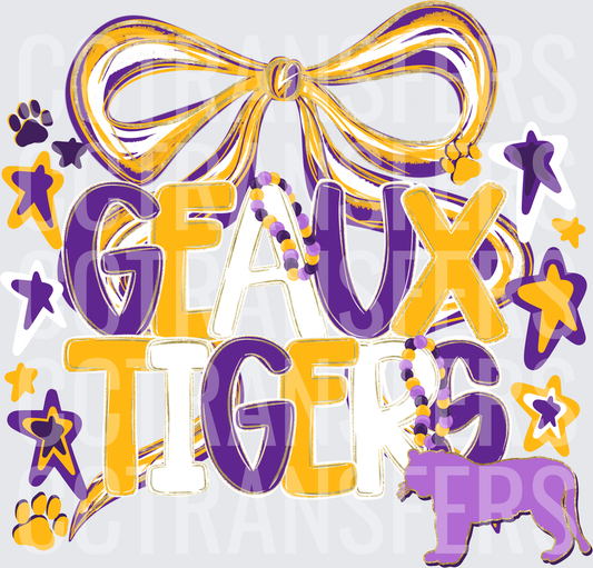 Geaux Tigers Purple Gold Bow Beads Paws Stars Tiger (DTF)