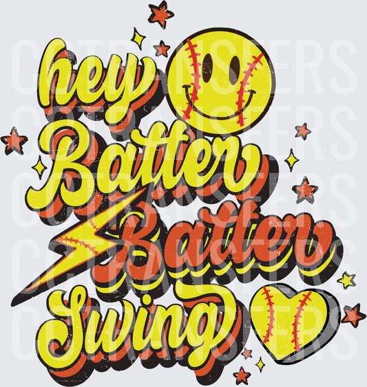 Hey Batter Batter Swing Retro Softball Smiley (DTF)