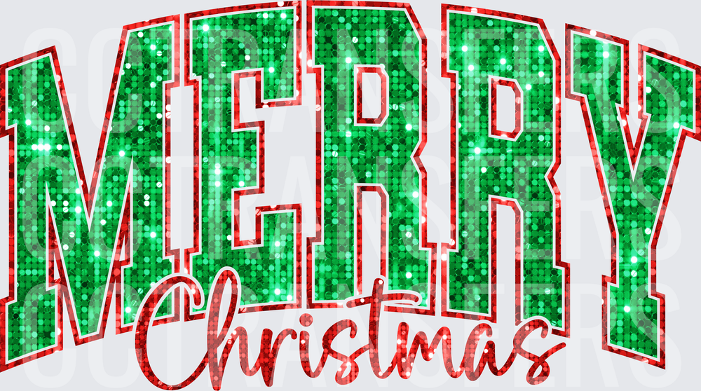 Merry Christmas Green Glitter Sequin Varsity Bold Letters (DTF)