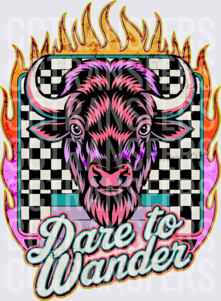 Dare to Wander Flaming Bison Checkered Retro (DTF)