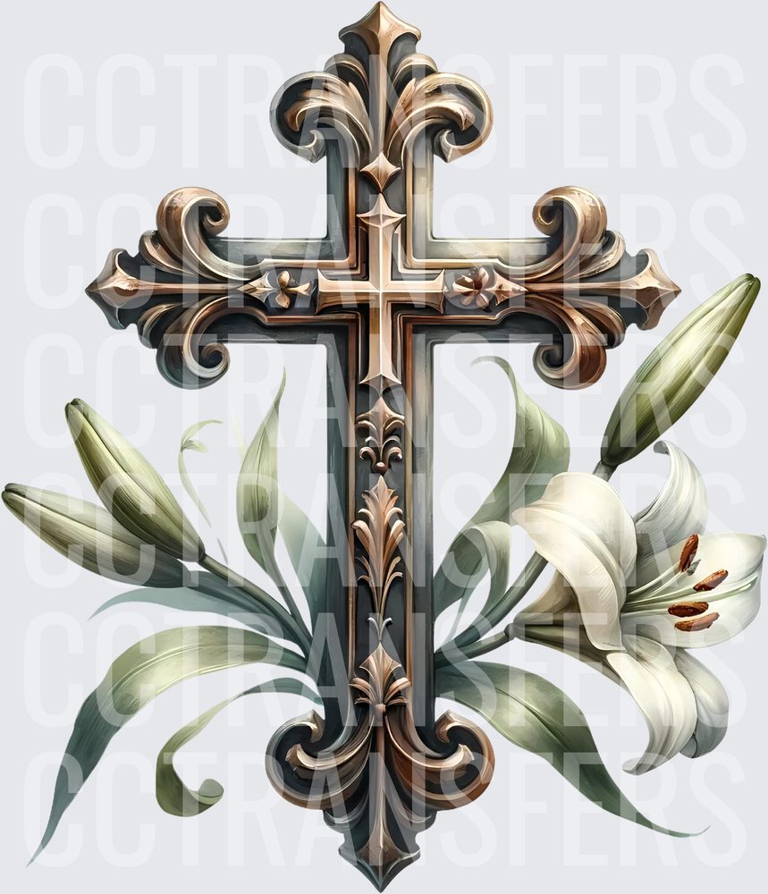 Ornate Bronze Christian Cross with White Easter Lily (DTF)