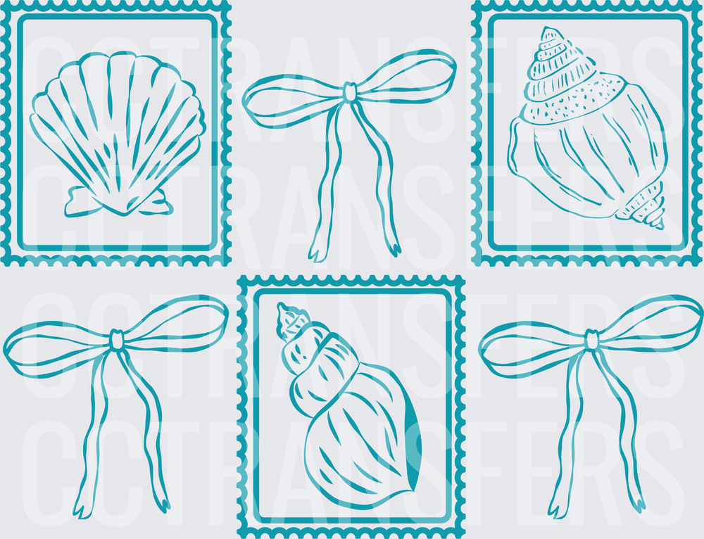 Teal Seashell Postage Stamp Ribbon Bow Coastal Set (DTF)