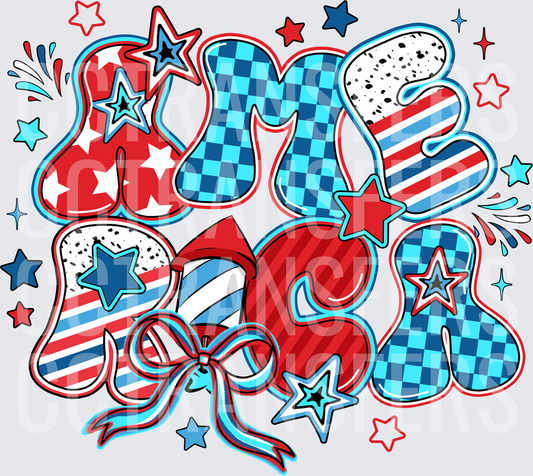 Patriotic USA Bubble Letters Red White Blue Stars Bow DTF