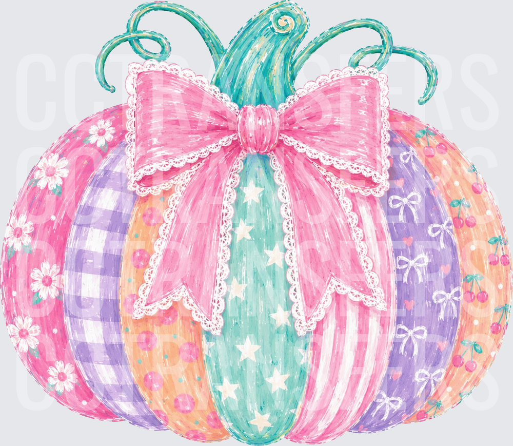 Pastel Patchwork Pumpkin with Pink Lace Bow (DTF)