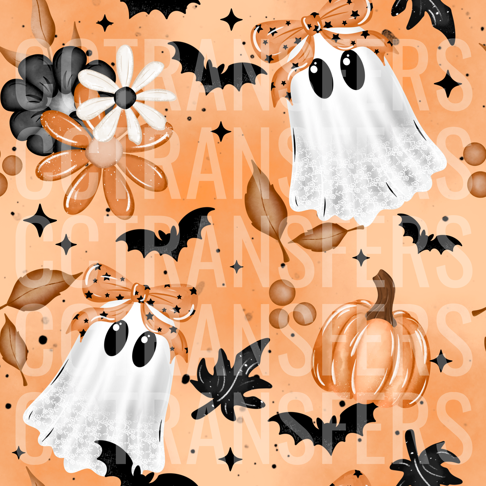 Cute Ghosts with Bows Bats Pumpkins Fall Floral Pattern (DTF)