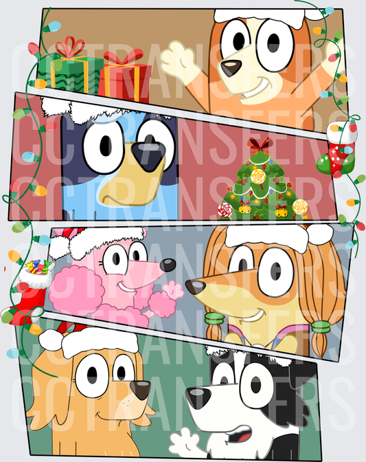 Cartoon Puppy Friends Christmas Holiday Panel Collage (DTF)