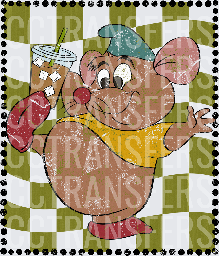Retro Cartoon Mouse Holding Iced Coffee Checkered (DTF)