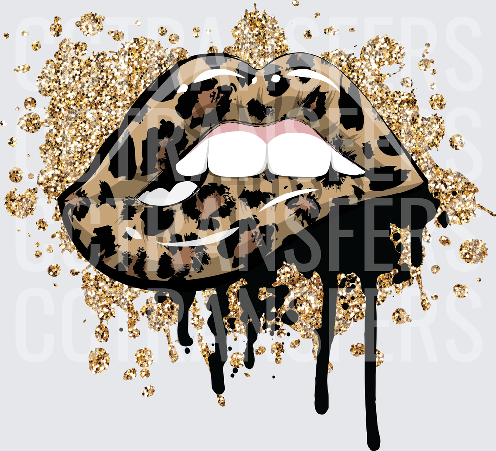 Leopard Print Dripping Lips Gold Glitter Splash (DTF)