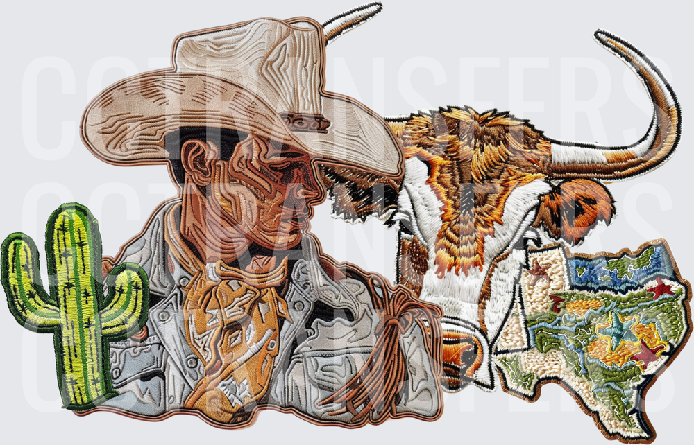 Embroidered Cowboy Longhorn Cactus Texas Map Patch (DTF)