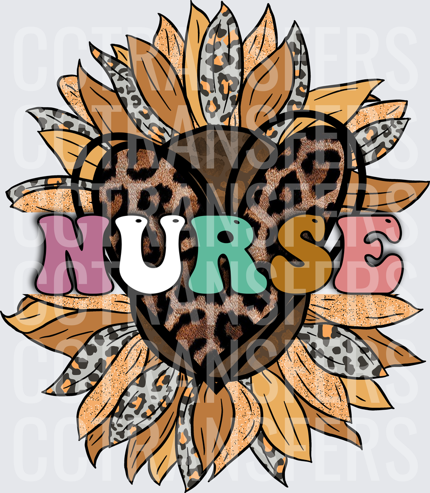 Nurse Leopard Heart Sunflower Colorful Retro Letters (DTF)