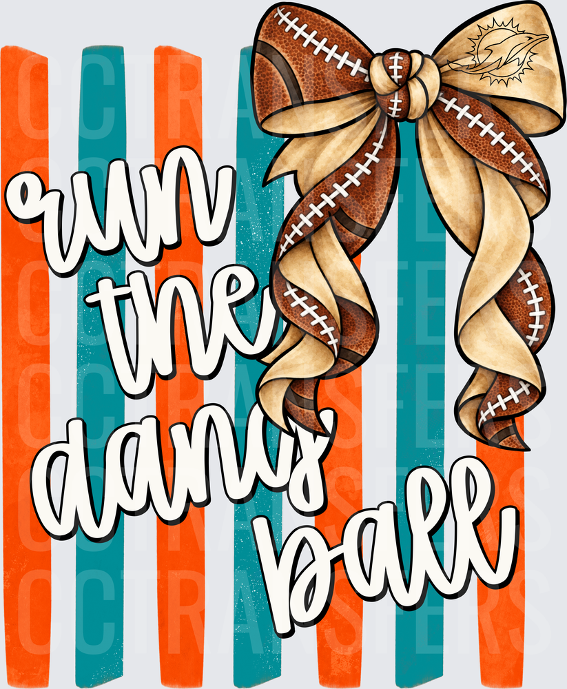 Run The Damn Ball Teal Orange Striped Football Bow (DTF)