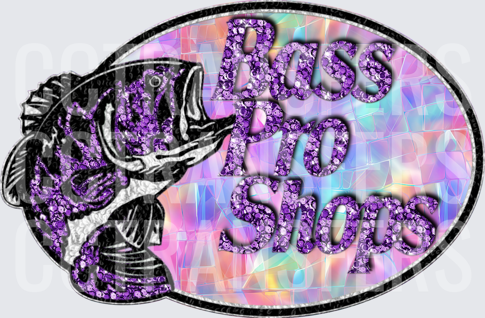 Purple Sequin Holographic Bass Pro Shops Oval Fish Logo (DTF)
