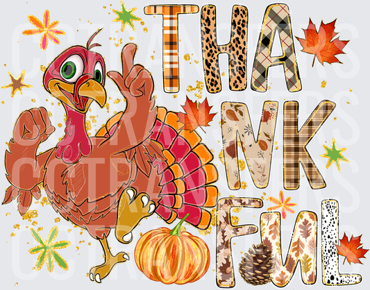 Thankful Turkey with Pumpkin Fall Leaves Patterned Letters (DTF)