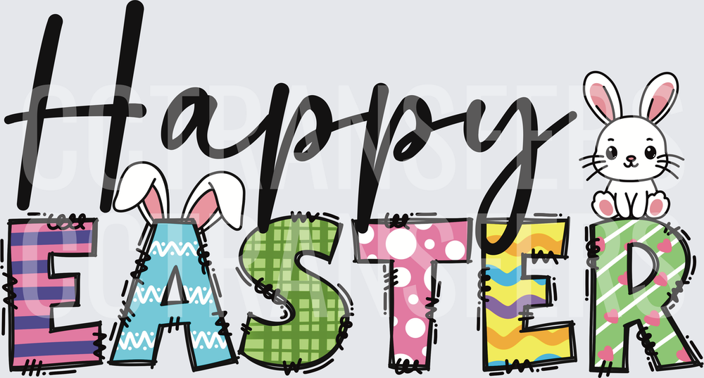 Happy Easter Colorful Patterned Letters with Bunny (DTF)