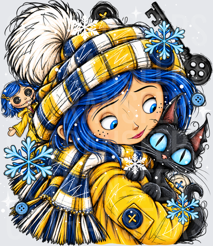 Spooky Blue-Haired Girl Black Cat Winter Snowflake (DTF)