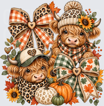Cute Highland Cows Fall Pumpkins Plaid Leopard Bows (DTF)