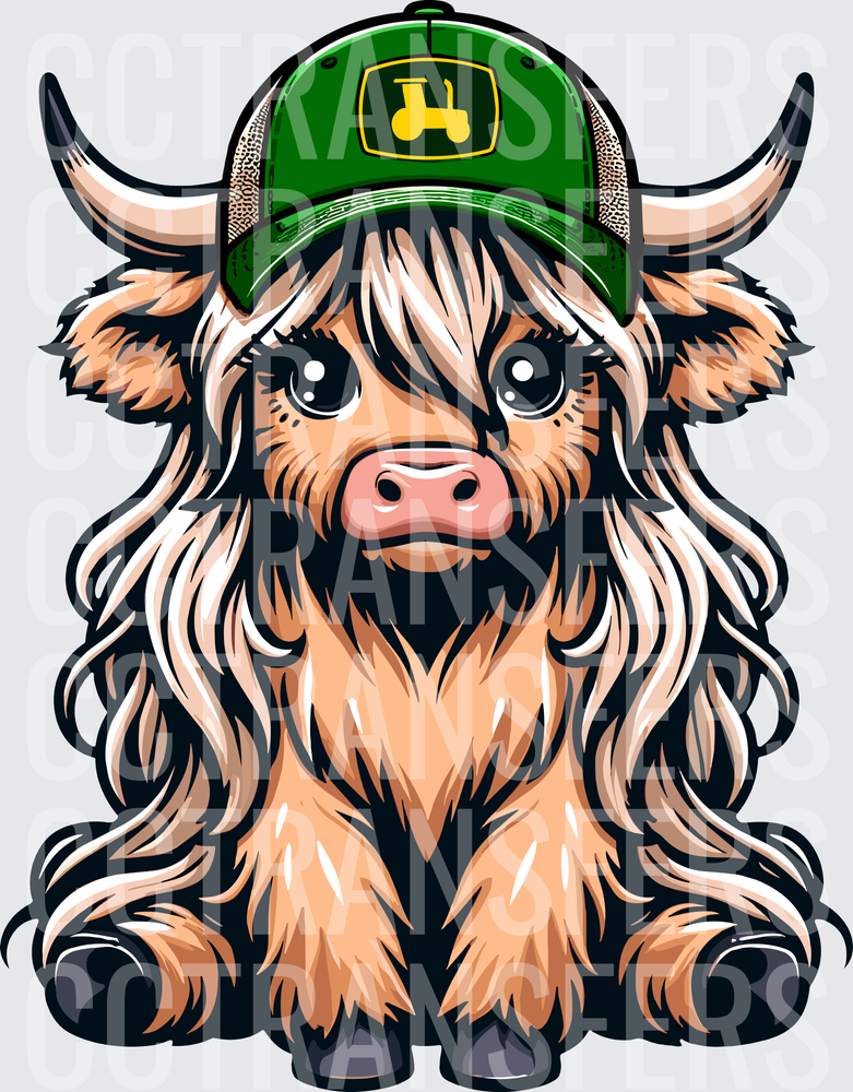 Cute Baby Highland Cow Green Trucker Hat Long Hair (DTF)