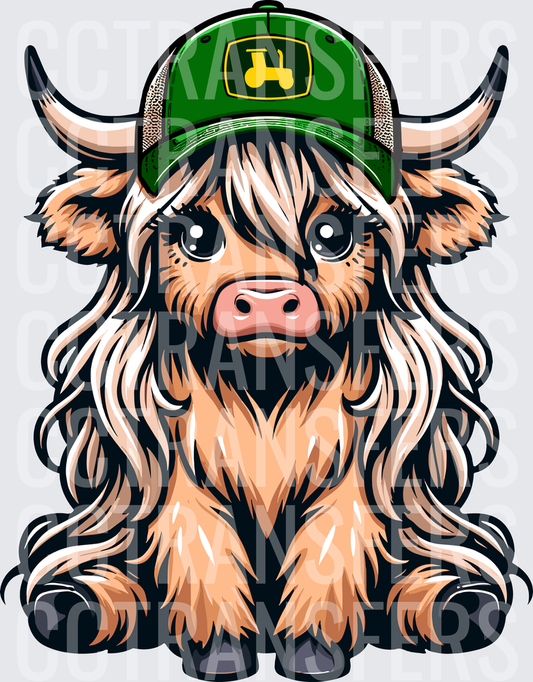 Cute Baby Highland Cow Green Trucker Hat Long Hair (DTF)