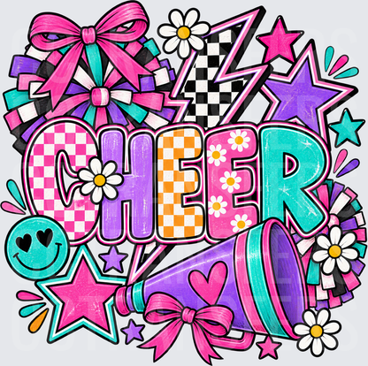 Colorful Cheer Doodle Bows Stars Megaphone Daisy Design (DTF)