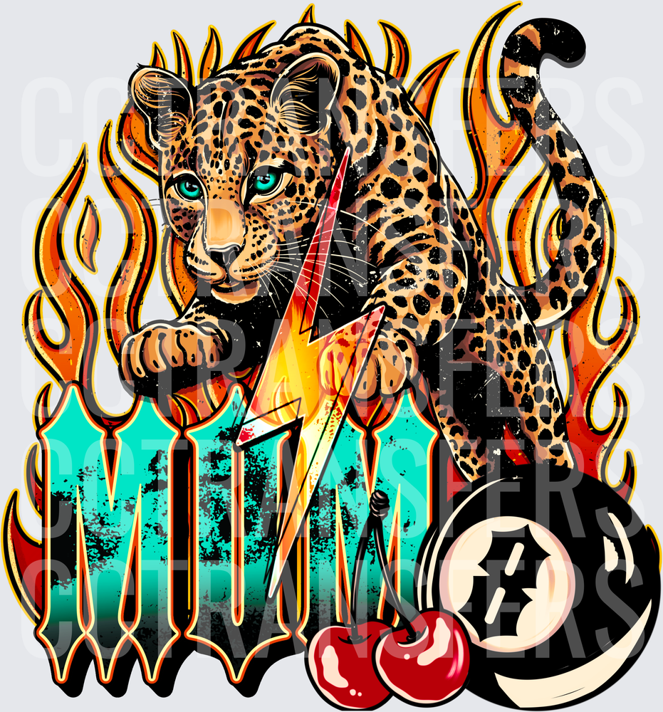 Fierce Leopard MOM Lightning Bolt Flames Cherries (DTF)