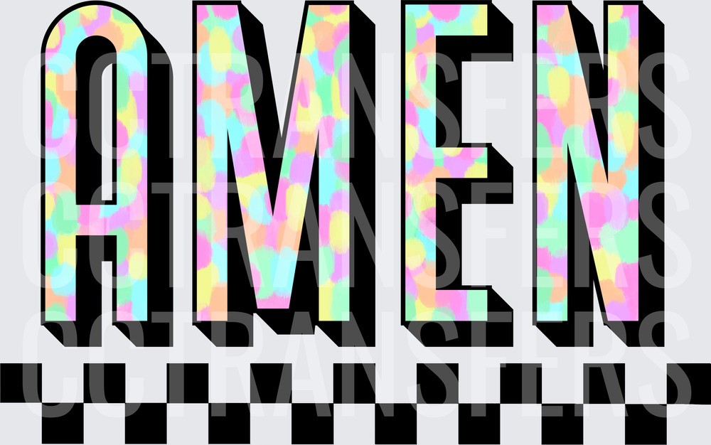 Pastel Leopard Print AMEN Bold Retro Checkered Block Letters (DTF)