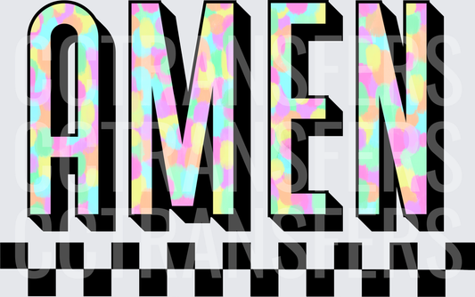 Pastel Leopard Print AMEN Bold Retro Checkered Block Letters (DTF)
