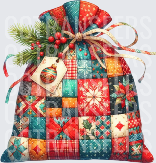 Quilted Christmas Gift Sack Holly Berries Ornament Tag (DTF)