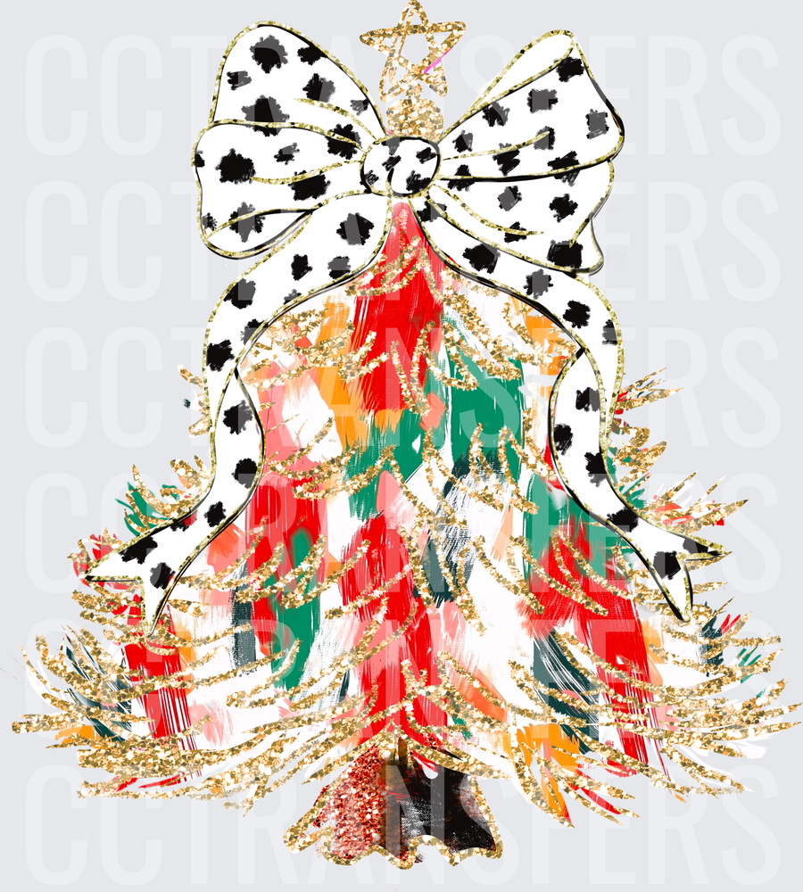 Glitter Christmas Tree Dalmatian Print Bow Gold Star (DTF)