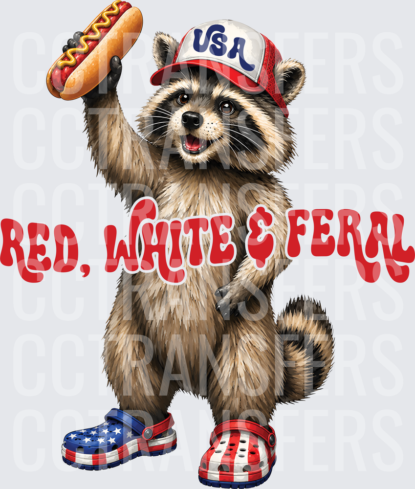 Red White & Feral Patriotic Raccoon Hot Dog (DTF)