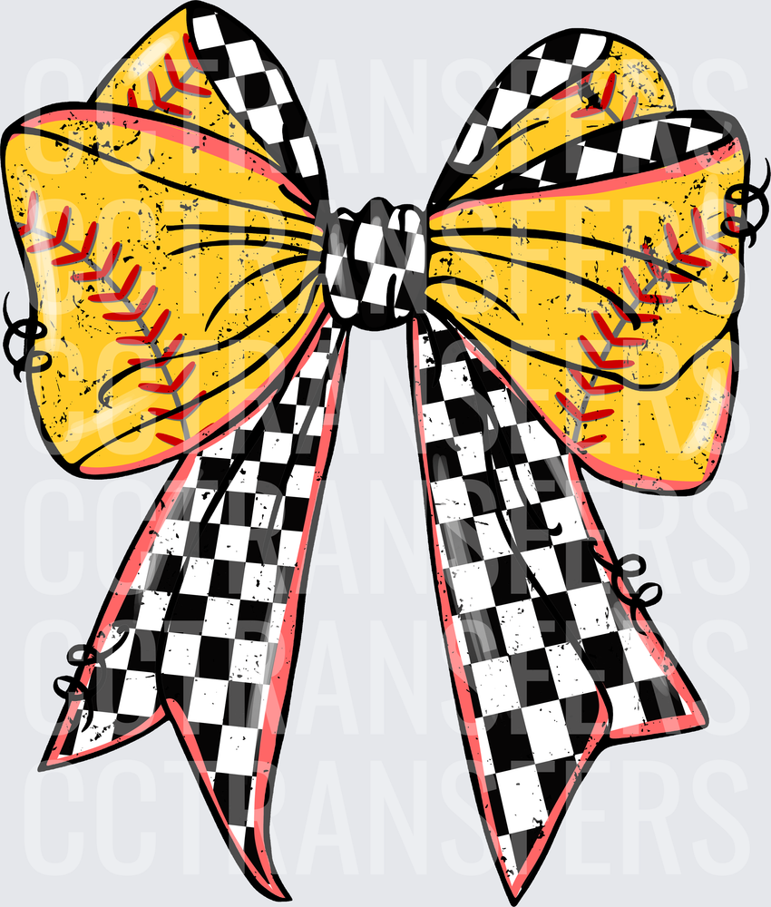 Distressed Softball Checkered Race Flag Bow (DTF)