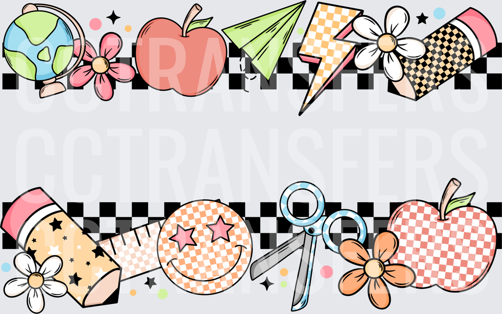 Retro Checkered Teacher Border School Supplies (DTF)
