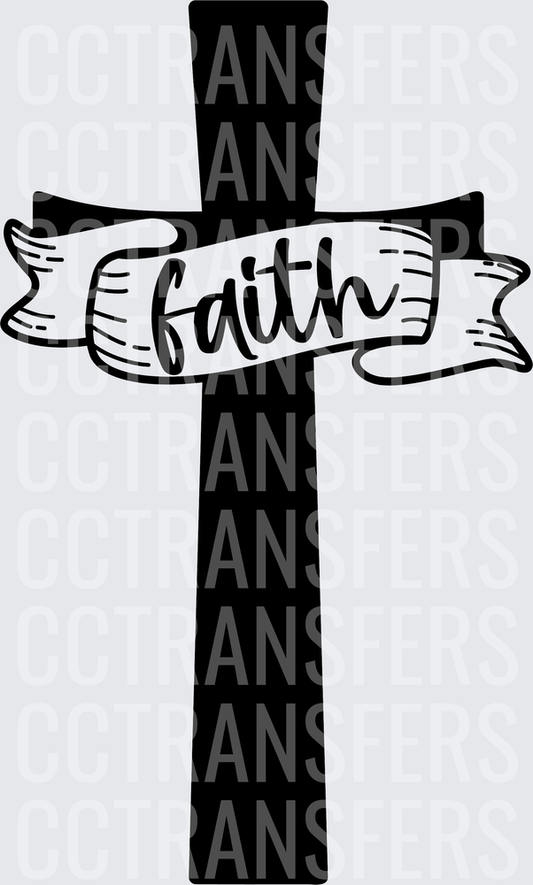 Black Christian Cross with Faith Banner Ribbon (DTF)
