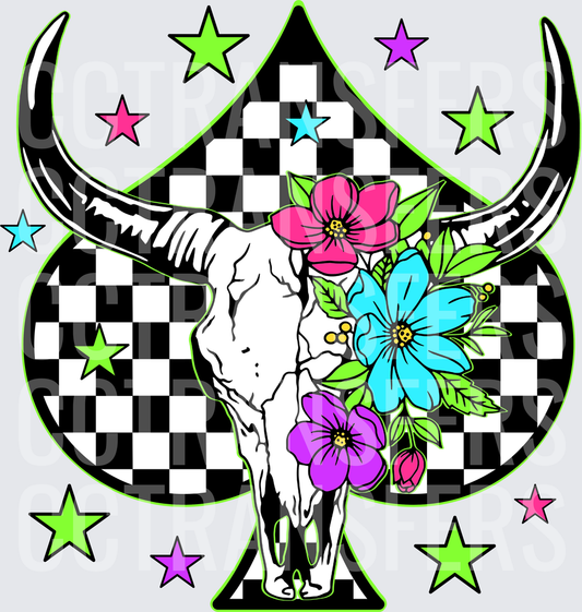 Checkered Spade Longhorn Skull Floral Neon Stars (DTF)