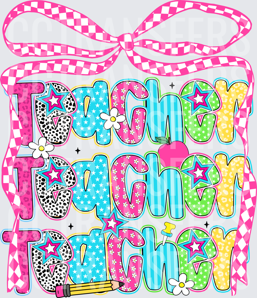Colorful Stacked Teacher Lettering Pink Checkered Bow (DTF)