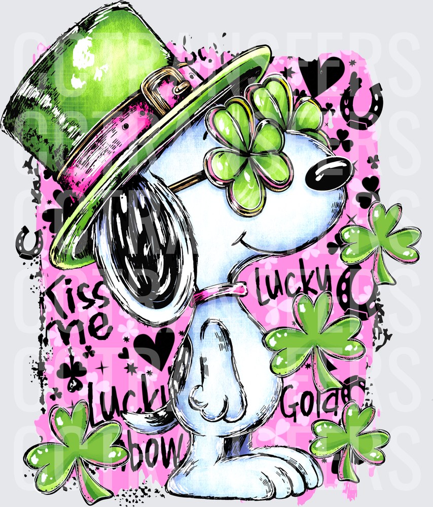 Lucky Cartoon Dog St. Patrick's Day Kiss Me Lucky Gold DTF