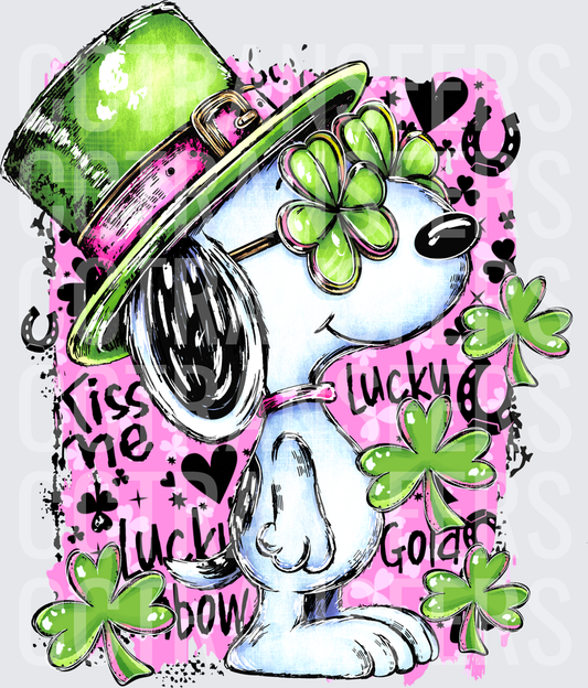Lucky Cartoon Dog St. Patrick's Day Kiss Me Lucky Gold DTF