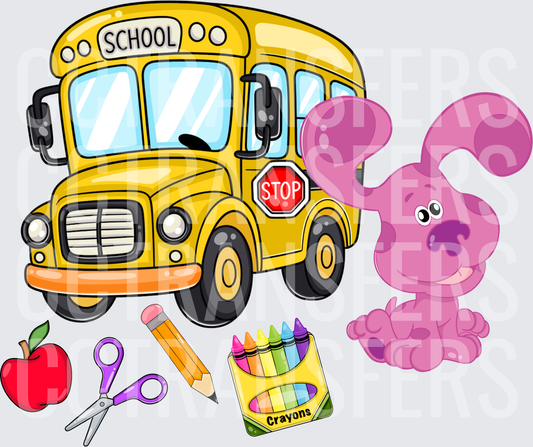 Magenta Puppy School Bus Back to School Supplies (DTF)