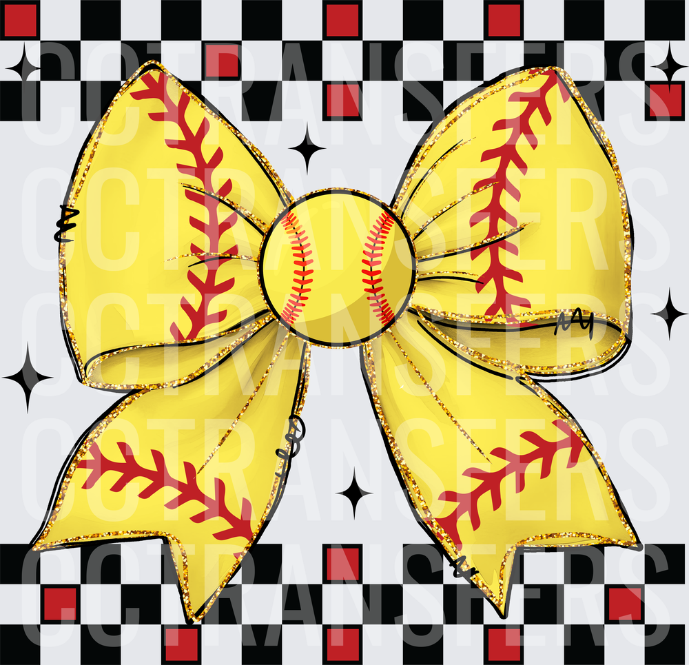 Softball Bow with Gold Glitter Trim Red Black Checker (DTF)