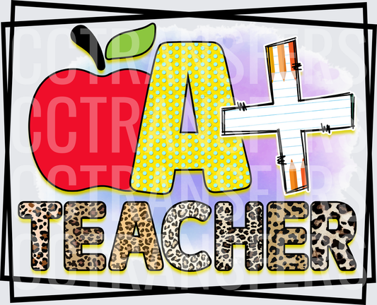 A+ Teacher Red Apple Leopard Print Pencils Design (DTF)