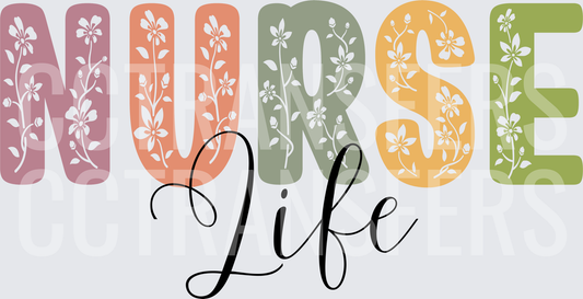 Nurse Life Floral Block Letters Multicolor Design (DTF)